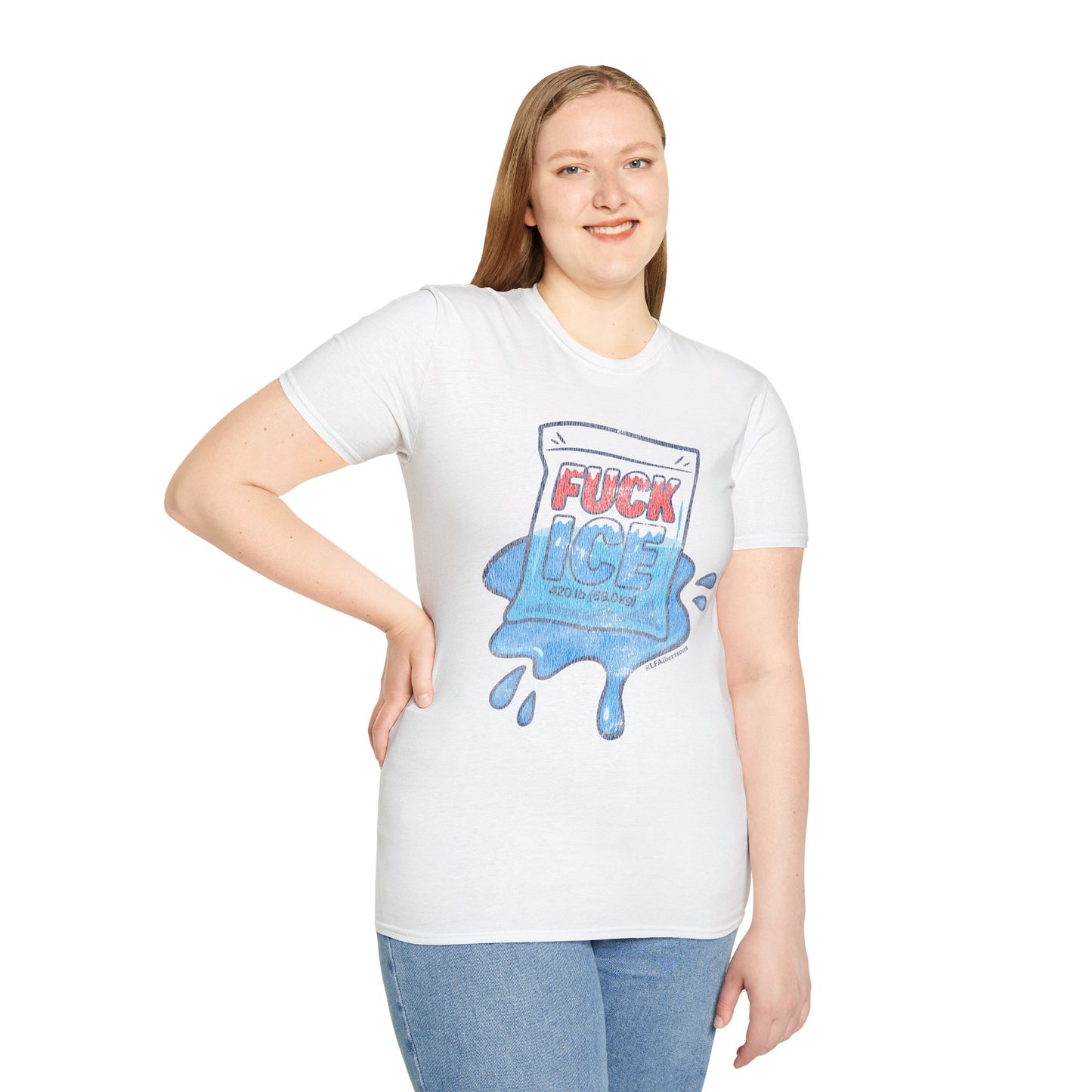 a smiling young woman faces the camera wearing a white t-shirt with a graphic of a melting ice pack. it reads, FUCK ICE