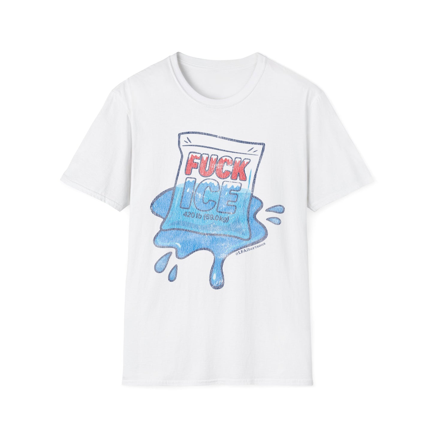 white shirt with blue and red graphic of ice pack melting, reads Fuck ICE