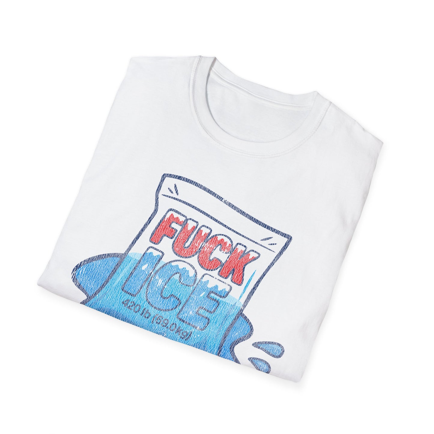 neatly folded white t-shirt with simple illustration of melting ice bag in blue and red, reads FUCK ICE