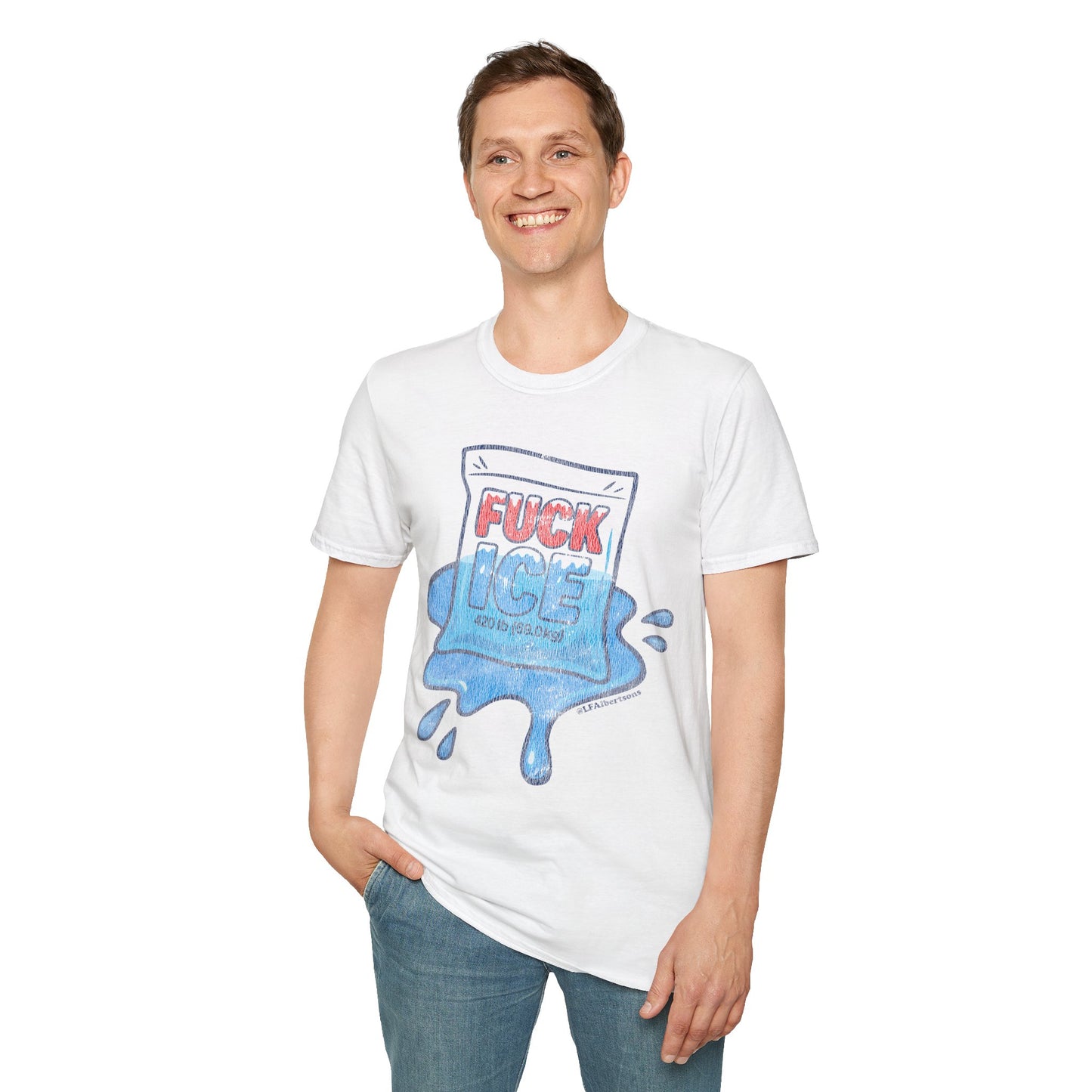 a smiling man wearing a white crew neck t-shirt with a melting ice pack design, graphic reads FUCK ICE