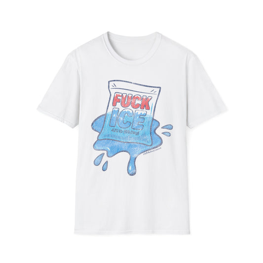 white shirt with blue and red graphic of ice pack melting, reads  Fuck ICE