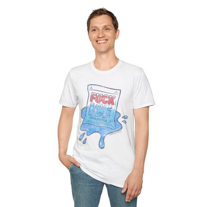 a smiling man wearing a white crew neck t-shirt with a melting ice pack design, graphic reads FUCK ICE
